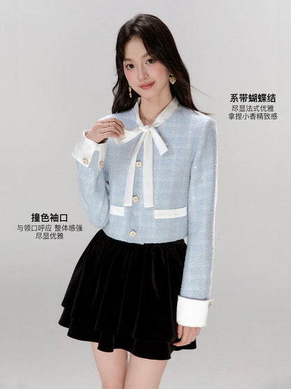 FanTu Blue French Bow  Style Jacket Women's Autumn 2025 New Style Petite Gentle and Elegant Top