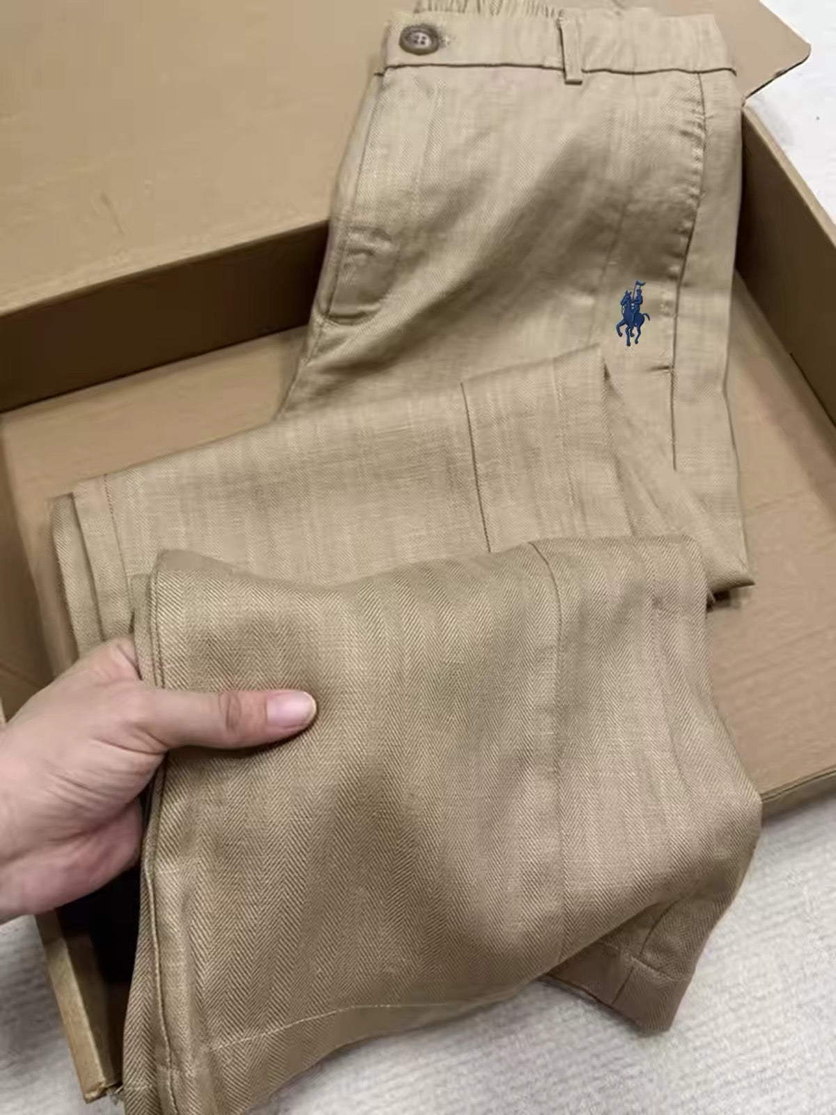 Women's "Old Money" Style Khaki High-Waisted Cotton-Linen Trousers – Lightweight Summer Straight-Leg Pants with Small Horse Embroidery