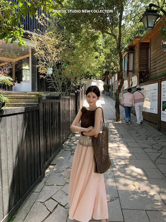 MUKOK Tencel linen design contrast color stitching temperament boat neck dress sleeveless long skirt