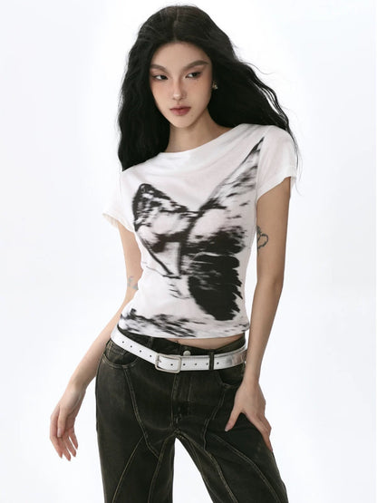 SHIYIYUE American butterfly print short-sleeved T-shirt retro hot girl niche swing collar right shoulder short slim top