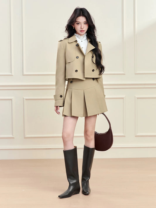 FanTu Salt-Style Mature Two-Piece Set: Short Trench Coat and A-line Pleated Skirt (Autumn 2025)