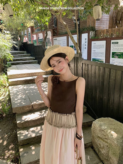 MUKOK Tencel linen design contrast color stitching temperament boat neck dress sleeveless long skirt