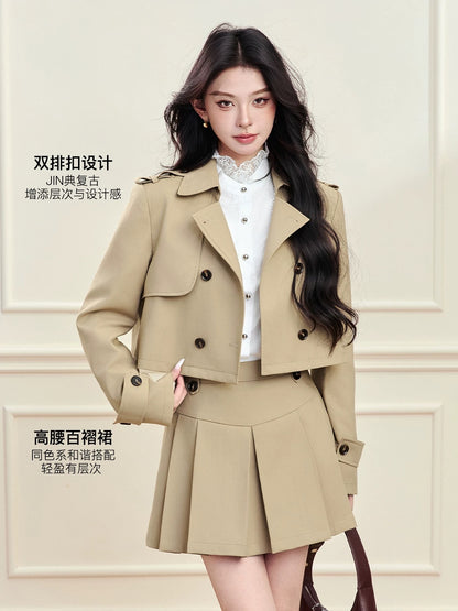 FanTu Salt-Style Mature Two-Piece Set: Short Trench Coat and A-line Pleated Skirt (Autumn 2025)