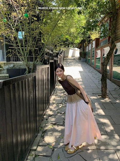 MUKOK Tencel linen design contrast color stitching temperament boat neck dress sleeveless long skirt