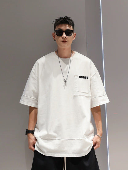 Youshu American heavyweight pure cotton hip-hop style contrasting color T-shirt men's summer high street handsome retro casual large size short-sleeved