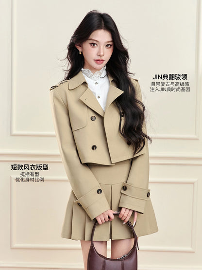 FanTu Salt-Style Mature Two-Piece Set: Short Trench Coat and A-line Pleated Skirt (Autumn 2025)