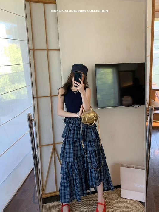MUKOK trendy heavy retro plaid splicing irregular design ruffled pleated layer cake skirt
