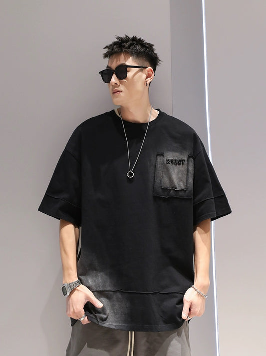 Youshu American heavyweight pure cotton hip-hop style contrasting color T-shirt men's summer high street handsome retro casual large size short-sleeved
