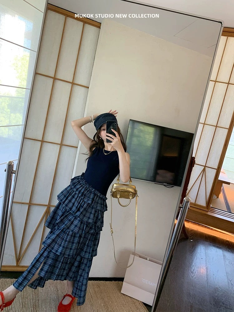 MUKOK trendy heavy retro plaid splicing irregular design ruffled pleated layer cake skirt