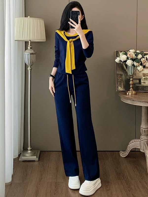 Hong Kong style retro casual suit women 2025 autumn new long-sleeved top shawl high waist wide leg pants versatile two-piece suit