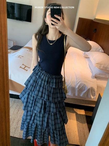 MUKOK trendy heavy retro plaid splicing irregular design ruffled pleated layer cake skirt