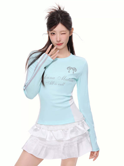[Designer Style] American-style patchwork contrasting color long-sleeved T-shirt for women in autumn hot girl slim right shoulder bottoming shirt top