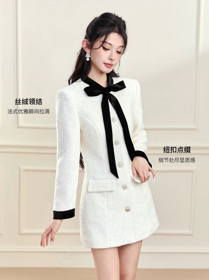 FanTu 2025 Autumn/Winter New French Style-inspired Jacket for Women, Color Block Bow Tie Elegant Dress