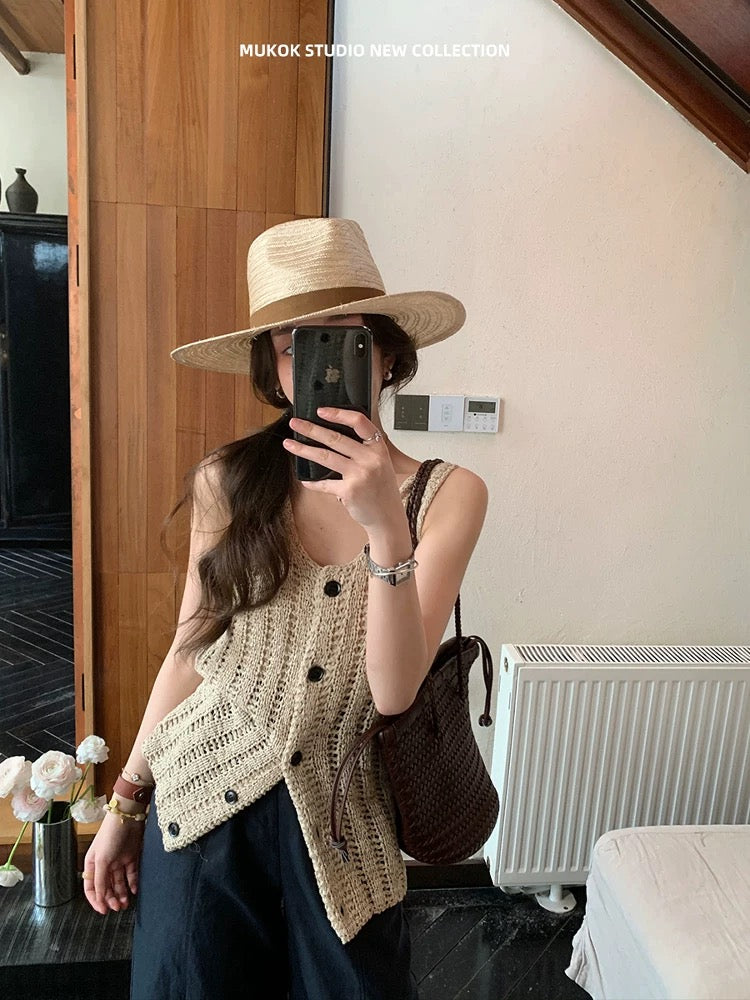 MUKOK Heavy Hand-woven Woven Cotton Yarn Lazy Holiday Style V-neck Slim Sleeveless Hollow Cardigan