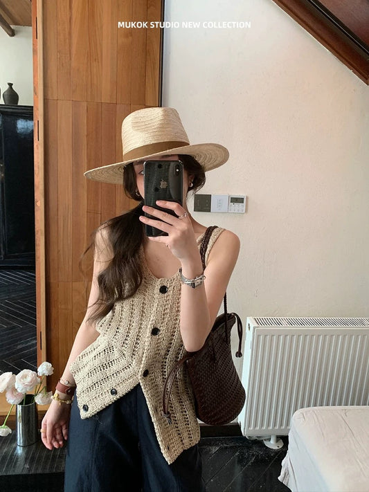 MUKOK Heavy Hand-woven Woven Cotton Yarn Lazy Holiday Style V-neck Slim Sleeveless Hollow Cardigan