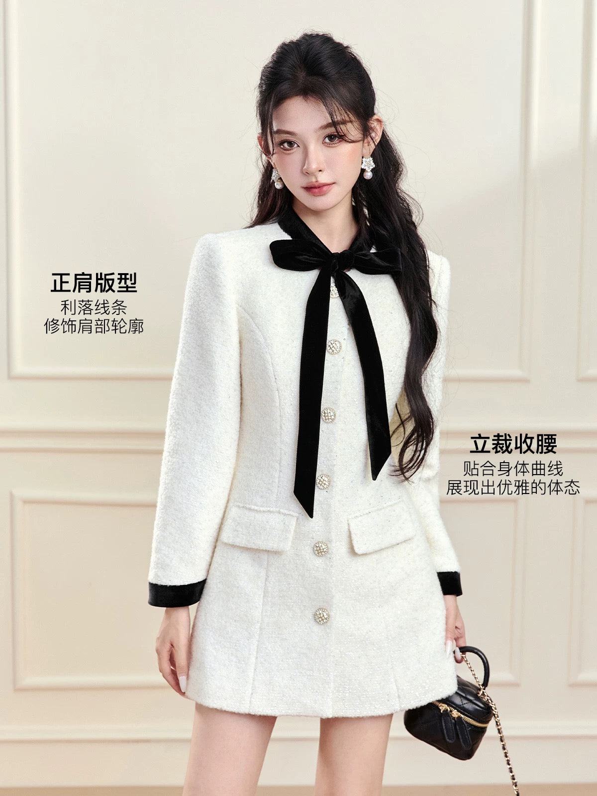 FanTu 2025 Autumn/Winter New French Style-inspired Jacket for Women, Color Block Bow Tie Elegant Dress