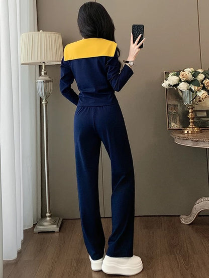 Hong Kong style retro casual suit women 2025 autumn new long-sleeved top shawl high waist wide leg pants versatile two-piece suit