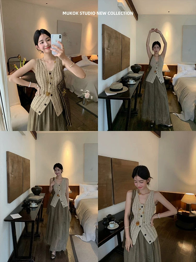 MUKOK Heavy Hand-woven Woven Cotton Yarn Lazy Holiday Style V-neck Slim Sleeveless Hollow Cardigan