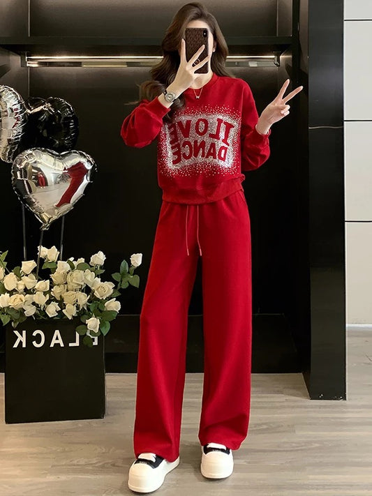 2025 autumn new high street casual sports suit women's trendy fashion street long-sleeved sweatshirt wide-leg pants two-piece suit