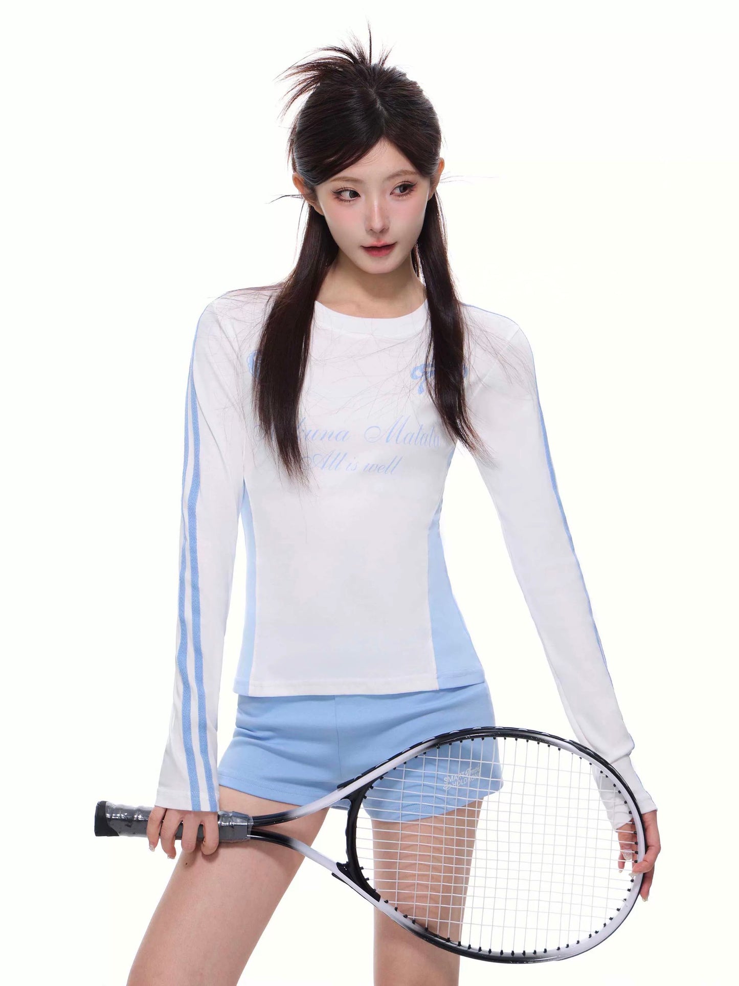 [Designer Style] American-style patchwork contrasting color long-sleeved T-shirt for women in autumn hot girl slim right shoulder bottoming shirt top