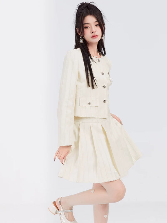 onet Fantu Rich Girl Style Two-Piece Set for Autumn: Fashionable and Slimming Jacket and Pleated Skirt