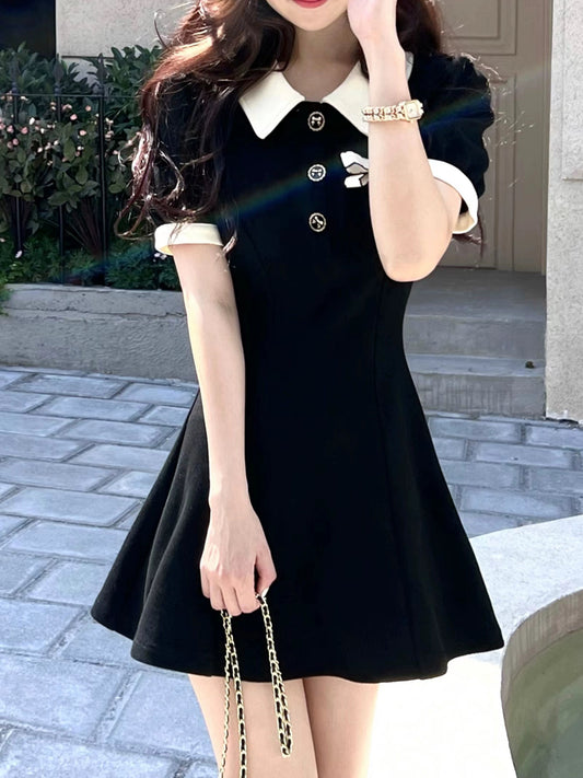 Q Girl's Home [Original] Slim Skirt/Polo Black Dress Small People Look Slim in Spring and Summer New Style Small Fragrance Style