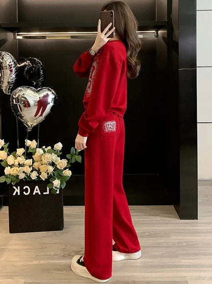 2025 autumn new high street casual sports suit women's trendy fashion street long-sleeved sweatshirt wide-leg pants two-piece suit