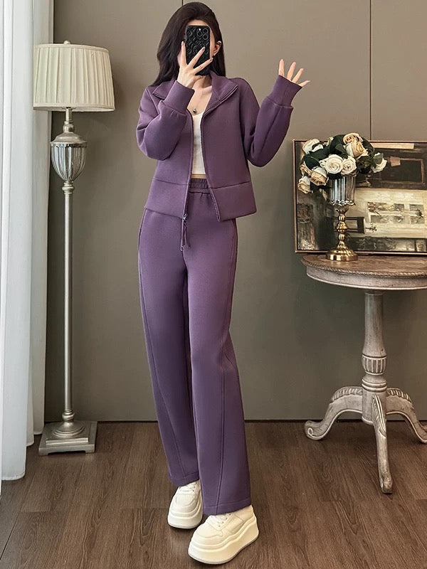Small height-enhancing casual sports suit for women in autumn and winter, short purple jacket, top and wide-leg pants, two-piece suit