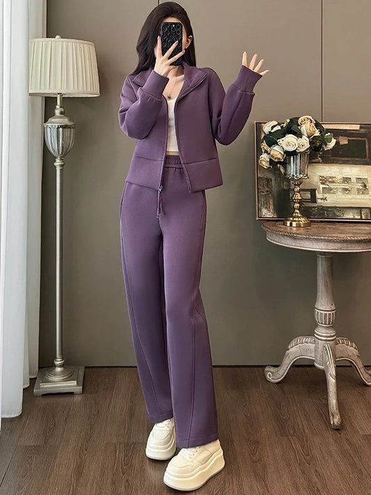 Small height-enhancing casual sports suit for women in autumn and winter, short purple jacket, top and wide-leg pants, two-piece suit