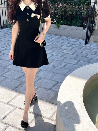 Q Girl's Home [Original] Slim Skirt/Polo Black Dress Small People Look Slim in Spring and Summer New Style Small Fragrance Style