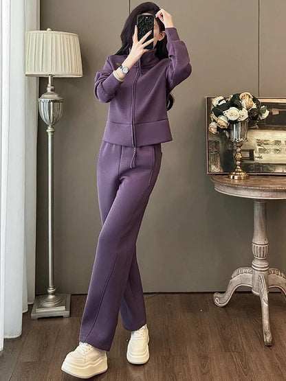 Small height-enhancing casual sports suit for women in autumn and winter, short purple jacket, top and wide-leg pants, two-piece suit
