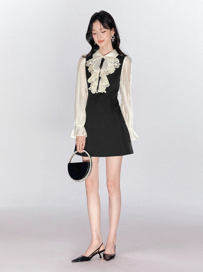 FanTu French-style long-sleeved dress for women, 2025 autumn new style, exquisite lace patchwork, faux two-piece design.