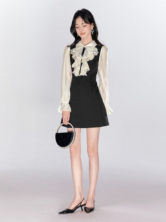 FanTu French-style long-sleeved dress for women, 2025 autumn new style, exquisite lace patchwork, faux two-piece design.