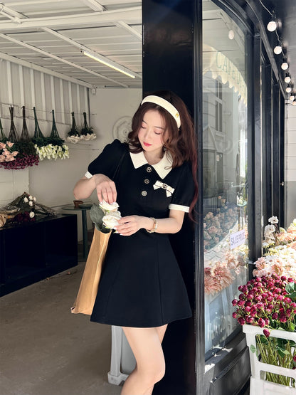 Q Girl's Home [Original] Slim Skirt/Polo Black Dress Small People Look Slim in Spring and Summer New Style Small Fragrance Style