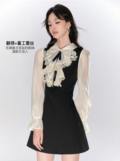 FanTu French-style long-sleeved dress for women, 2025 autumn new style, exquisite lace patchwork, faux two-piece design.