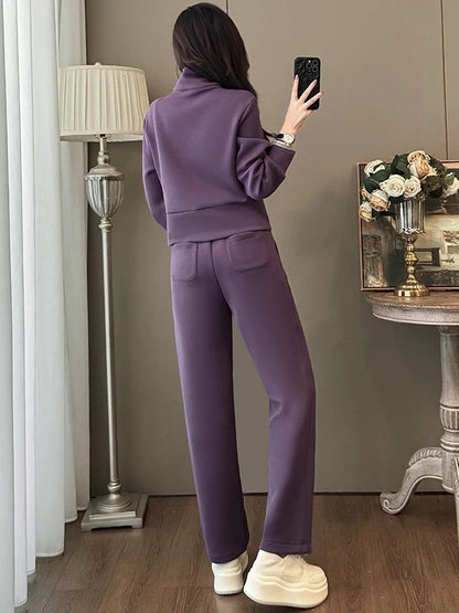 Small height-enhancing casual sports suit for women in autumn and winter, short purple jacket, top and wide-leg pants, two-piece suit