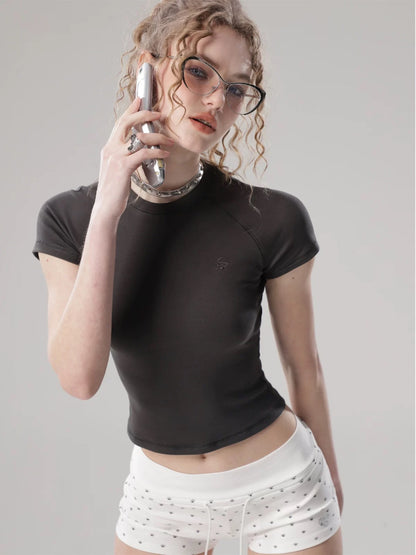 SHIYIYUE homemade American retro short-sleeved t-shirt for women 2025 summer new hot girl slim shoulder short top