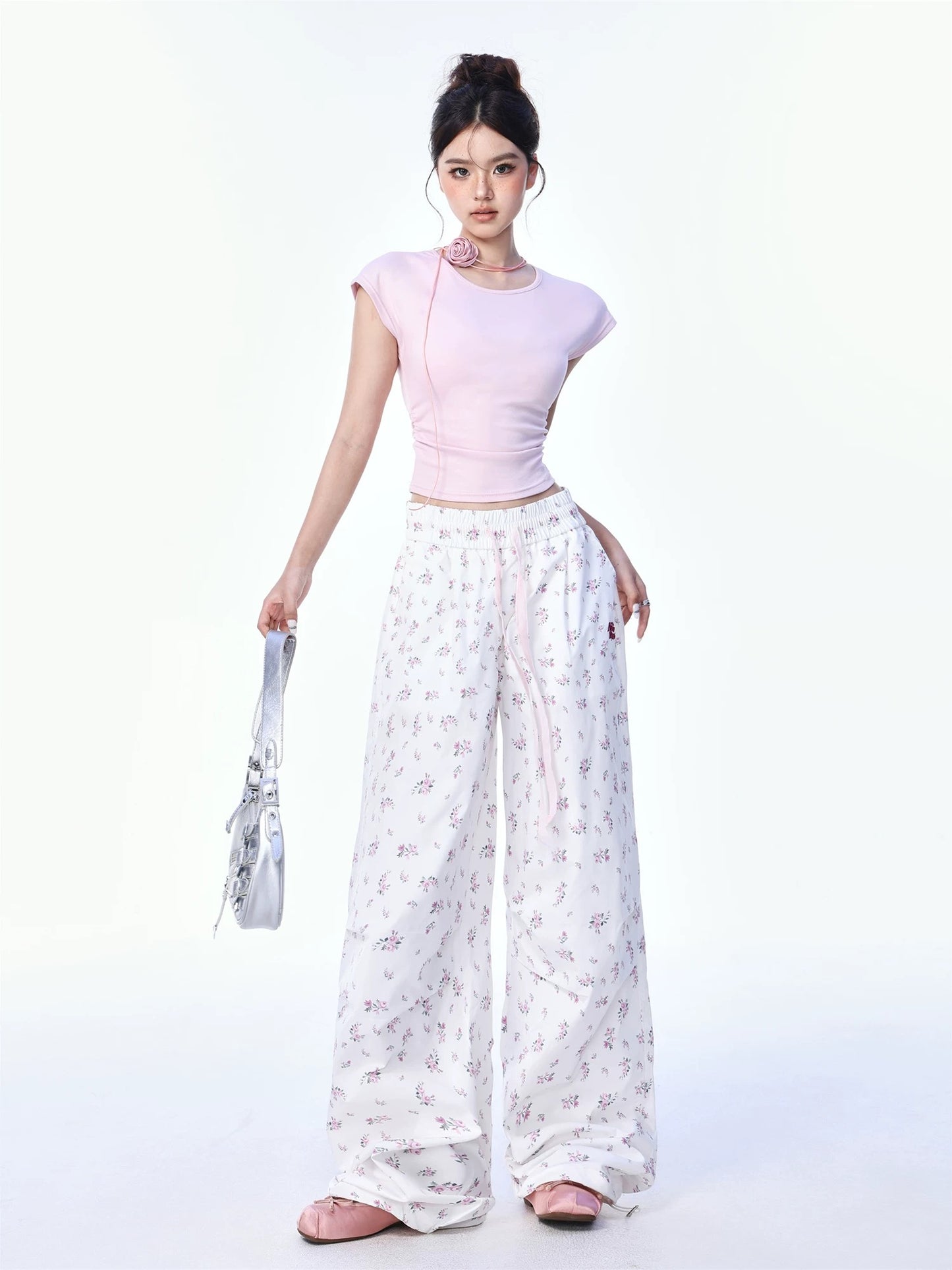 SHIYIYUE retro cute hot girl little floral white small casual loose wide leg drape overalls trousers