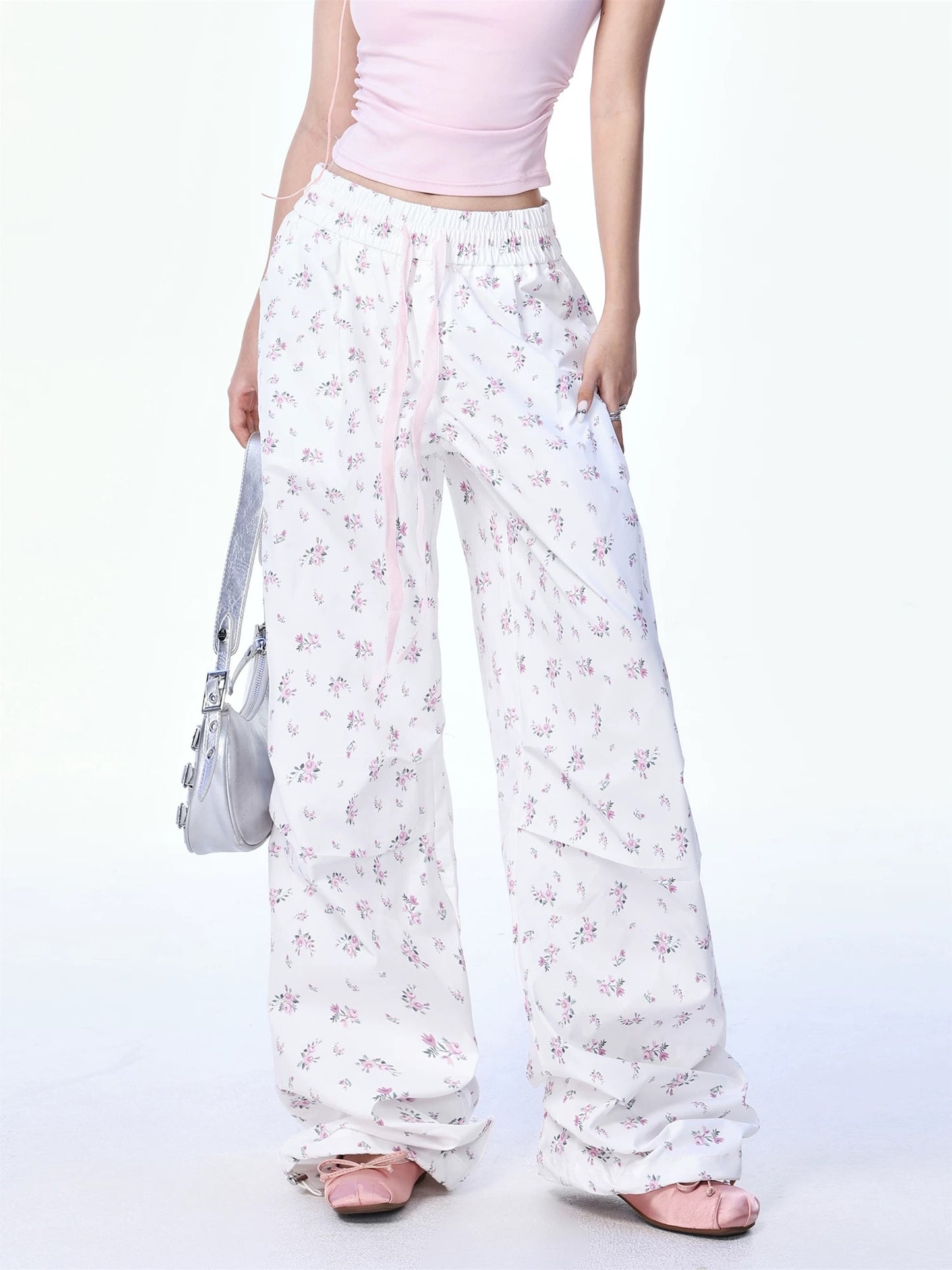 SHIYIYUE retro cute hot girl little floral white small casual loose wide leg drape overalls trousers