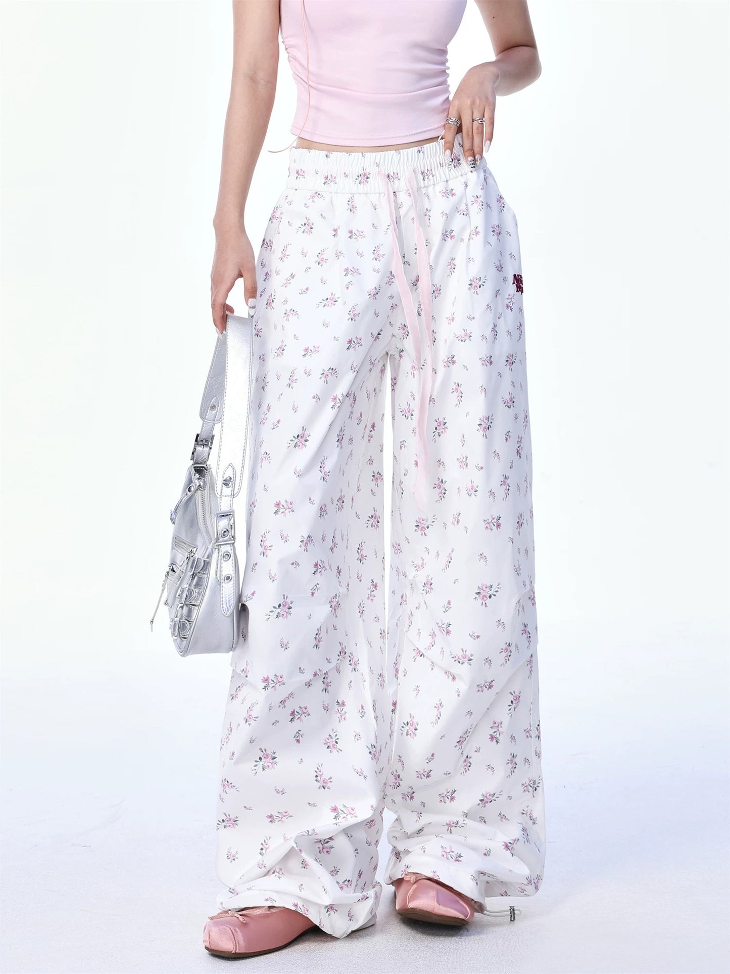 SHIYIYUE retro cute hot girl little floral white small casual loose wide leg drape overalls trousers