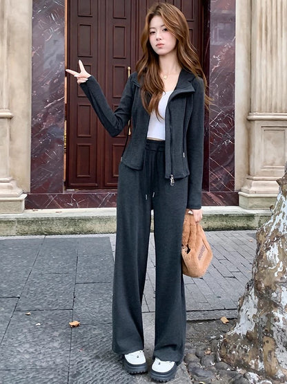 Autumn petite casual sports suit for women, fashionable and age-reducing slim cardigan top, wide-leg pants two-piece suit