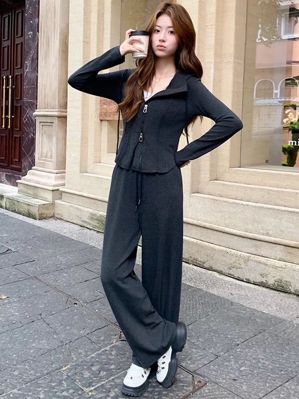 Autumn petite casual sports suit for women, fashionable and age-reducing slim cardigan top, wide-leg pants two-piece suit