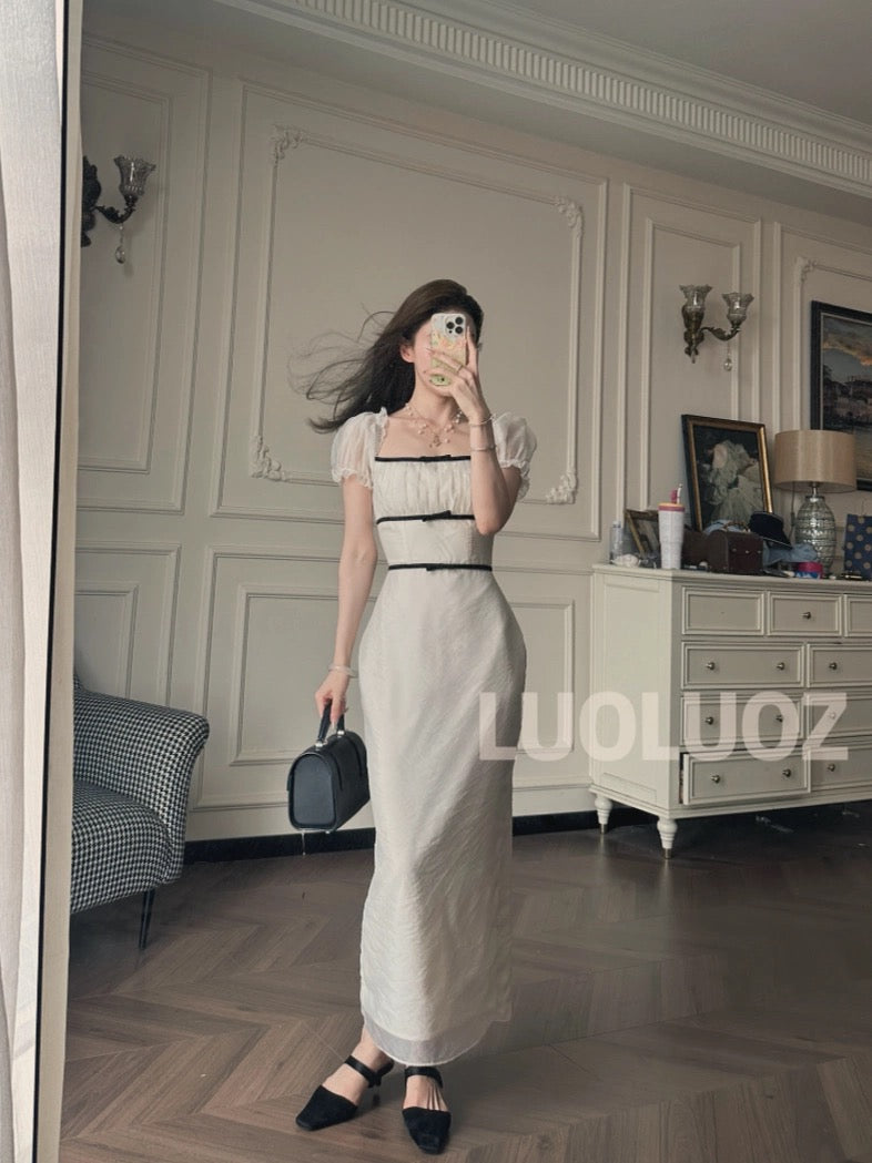 LUOLUOZ [Summer Dream Catcher] High-End Elegant and Stylish Slim Waist Square Neck Fashion Long Dress JF823