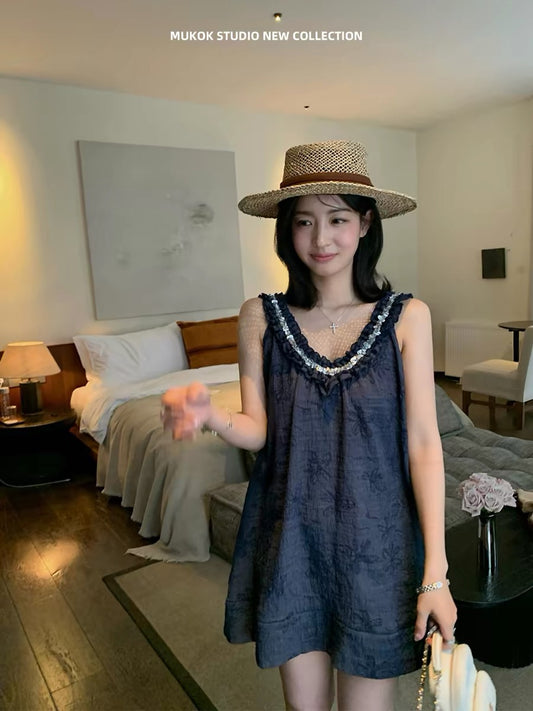MUKOK Navy Blue Jacquard Heavy Beaded V-Neck Spaghetti Strap Mini Dress Women's Sleeveless Summer New A-line Dress