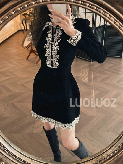 LUOLUOZ【Dreamcatcher】High-end Heavy-duty Elegant Slim Waist Collar Patchwork Short Fashion Lace Dress