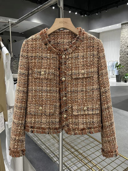 Women's 2025 New Autumn/Winter Khaki Tweed-Style Down Liner Jacket with Tassels (90% White Duck Down)