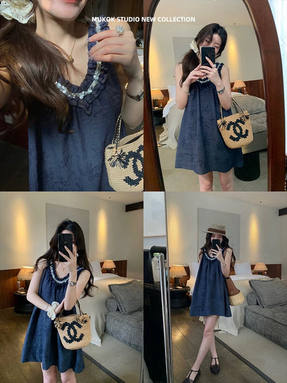 MUKOK Navy Blue Jacquard Heavy Beaded V-Neck Spaghetti Strap Mini Dress Women's Sleeveless Summer New A-line Dress
