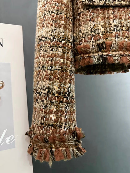 Women's 2025 New Autumn/Winter Khaki Tweed-Style Down Liner Jacket with Tassels (90% White Duck Down)
