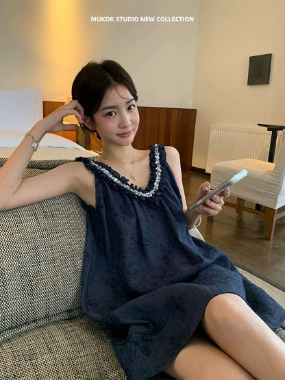 MUKOK Navy Blue Jacquard Heavy Beaded V-Neck Spaghetti Strap Mini Dress Women's Sleeveless Summer New A-line Dress