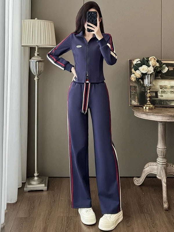 European fashion brand casual sports suit for women 2025 autumn slim fit short cardigan top wide leg pants two-piece suit